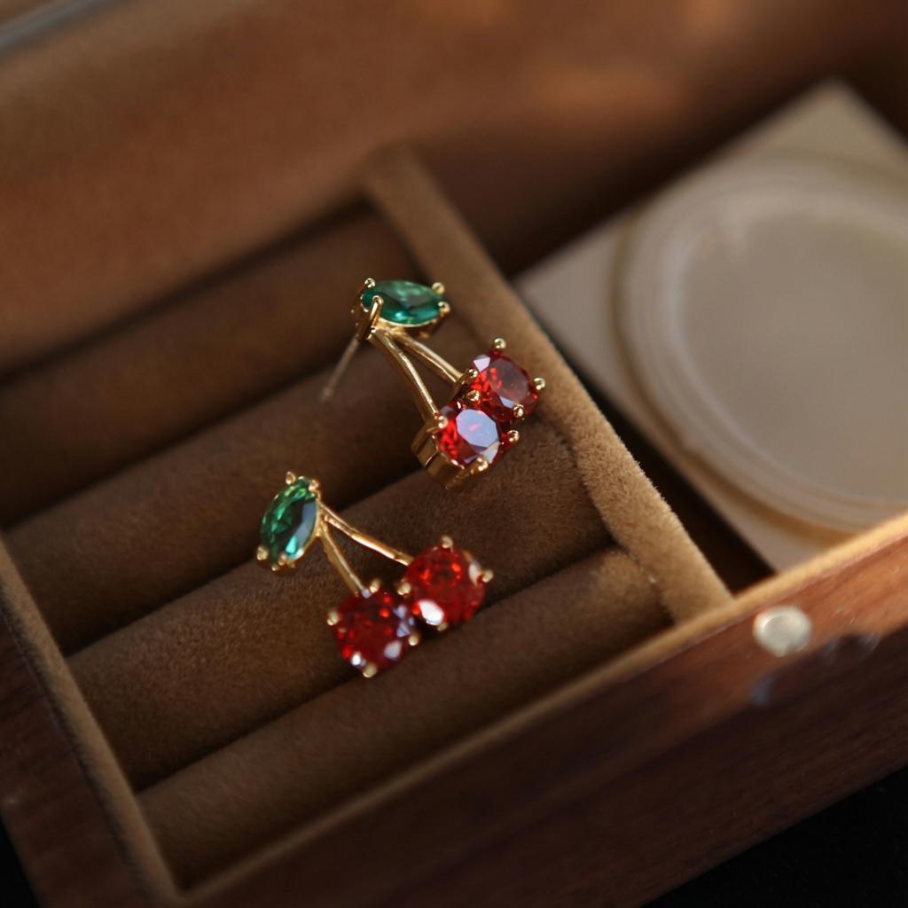 Sweet Red Zircon Cherry Leaf Stud Earrings for Women Cute Crystal Fruit Earring Fashion Daily Wear Party Jewelry Gift Aesthetic