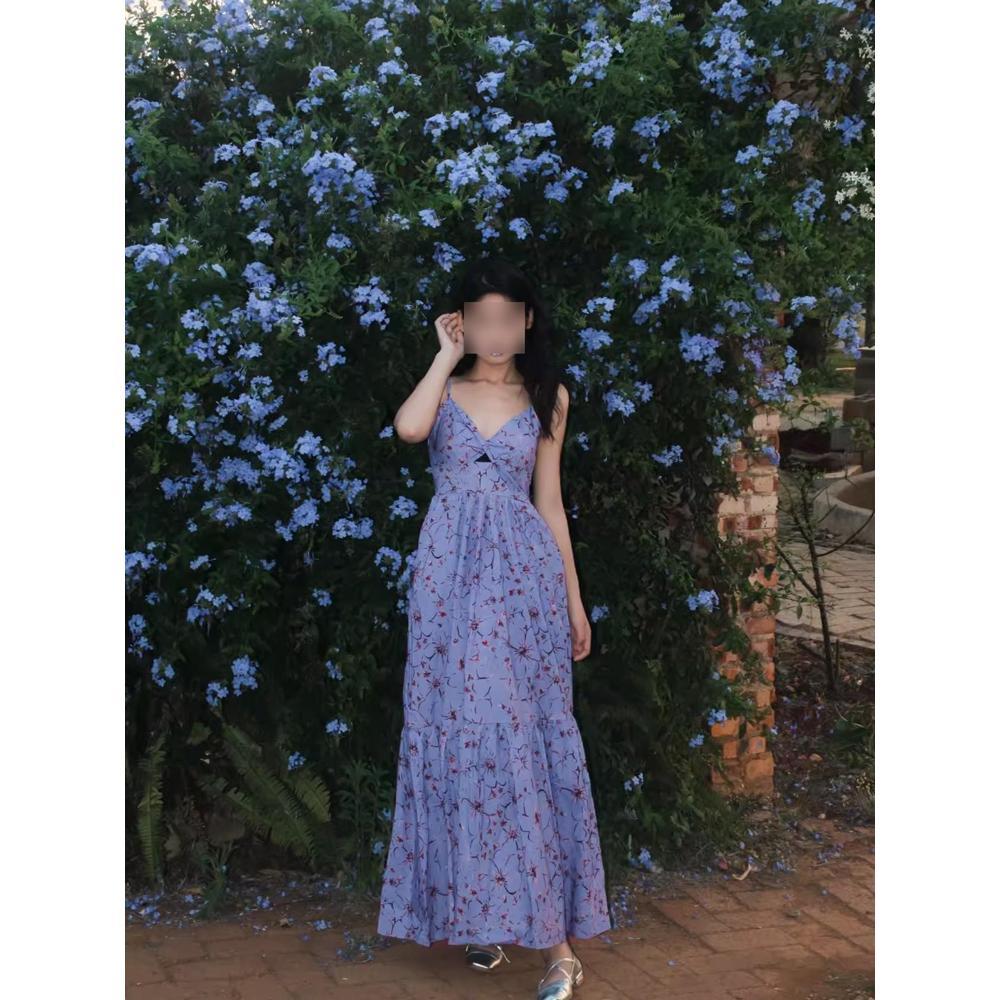 

Синее цветочное платье-комбинация женское летнее повседневное темпераментное с V-образным вырезом без спинки курортное пляжное платье XL- (recommended 110-60kg)