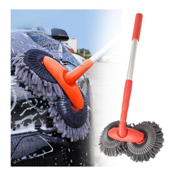 Car Wash Mop, Telescopic Car Wash Brush, Double Head, 360 Degree Rotation, Mop Head, Dry and Wet, Extendable Rod, Super Water Absorbent, Holds Foam,