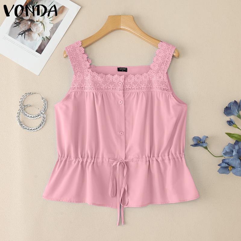 

VONDA Женские топы-майки без рукавов на бретелях, повседневные, с кружевной вязкой крючком, пэчворк, со шнурком на талии 3XL