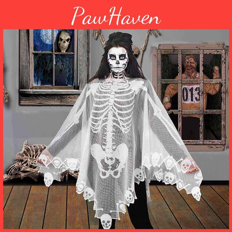Spooky Skeleton Lace Shawl Perfect For Halloween Parties 145cm bianco