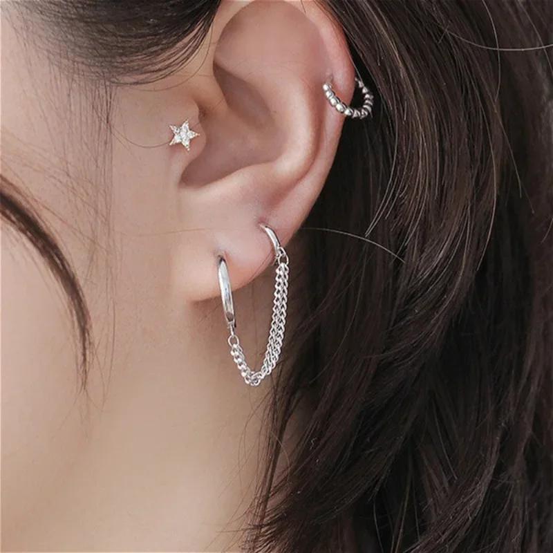 1PC Women's Fashion Double Ear Hole Piercing Hoop Earrings Smooth Simple Hoops Chain Connected Shiny Charming Earring Jewelry