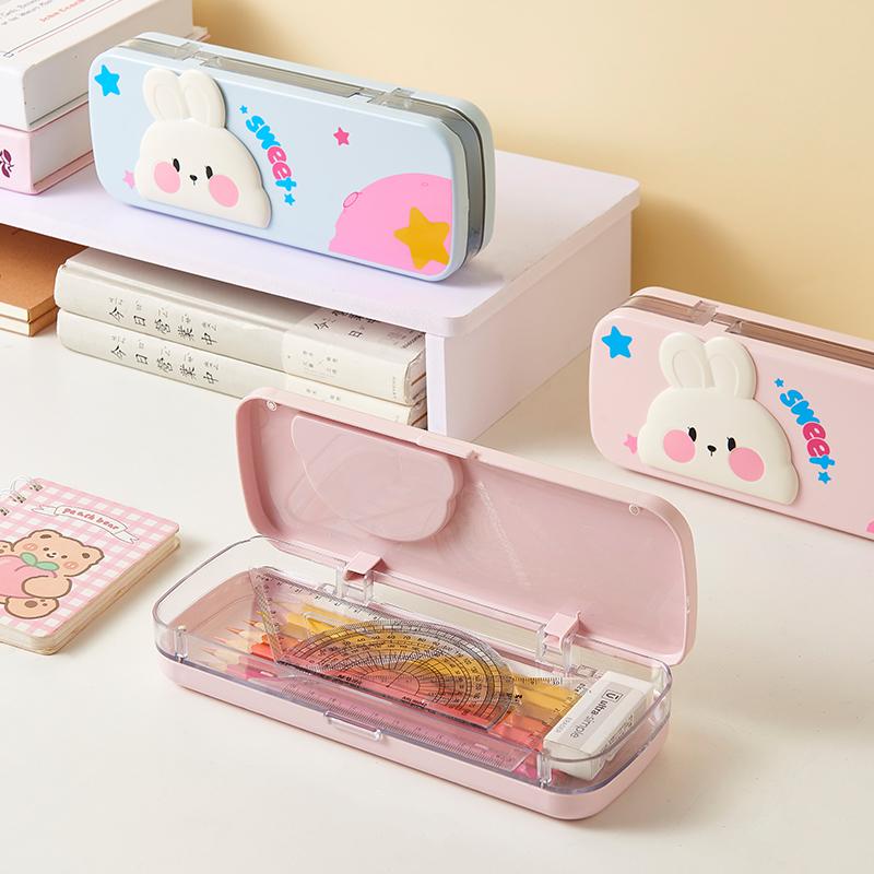 Bunny Student Modern Durable Pink Plastic Pencil Case with Magnetic Snap Storage Box розовый
