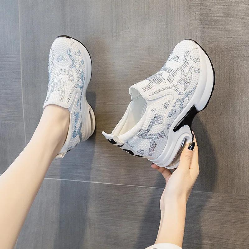 Fashion 9cm Women's Shoes 2024 Spring and Summer New Leisure Increase Small White Shoes Rhinestone Thick Sole Sports Air Cushion Shoes