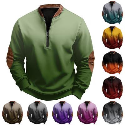 Men's Casual, Trendy, Retro American Gradient Printed Round-neck Long-sleeved Half-pull One-piece Sweatshirt
