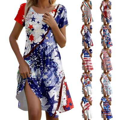 Damen Freizeitmode Rundhals Kurzarm Unabhängigkeitstag Aufdruck Midi-Kleid