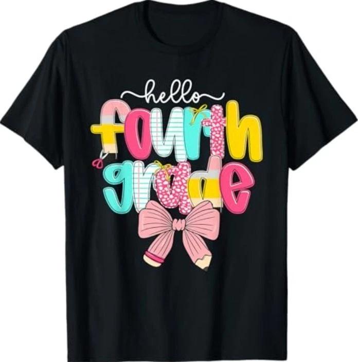 Preppy Hello 4th Grade Teacher Coquette Bow Back To School T-Shirt 4XL
