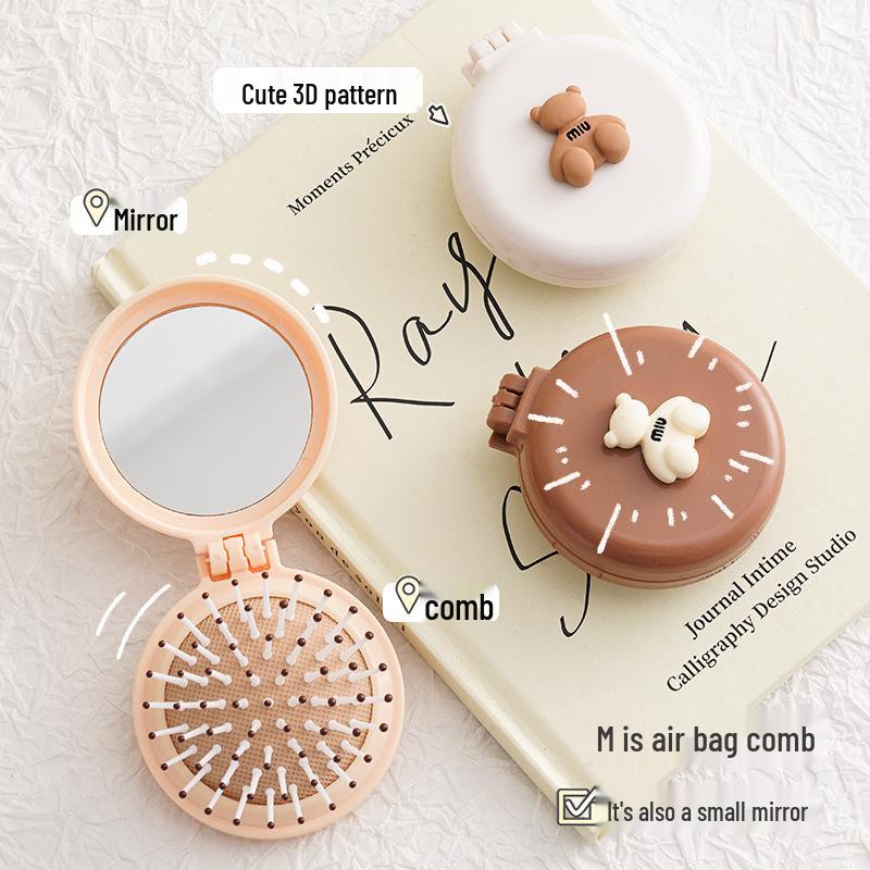Portable Mini Massage Comb with Mirror - Foldable, Cute Air Cushion Design for Girls