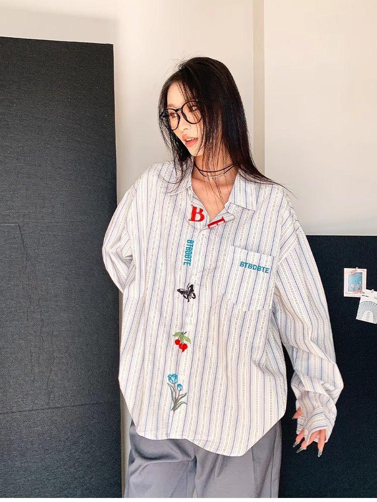 Unisex Retro Striped Long-Sleeve Embroidered Shirt: Versatile Casual Wear for Spring & Autumn
