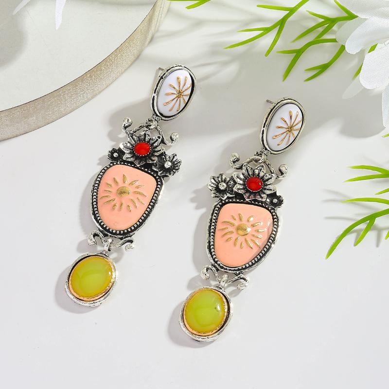 Vintage Exaggeration Alloy Drop Oil Flower Green Beads Dangle Earrings Bohemian Style Charm Holiday Party Jewelry Accessories