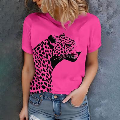 Bright Pink Women's T-shirt with Black Leopard Print, Summer Style Casual Short Sleeved Top for Daily Use