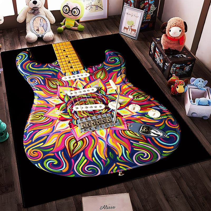 Colorful Psychedelic Guitar Design Non-slip rug suitable for living room and bedroom sofas