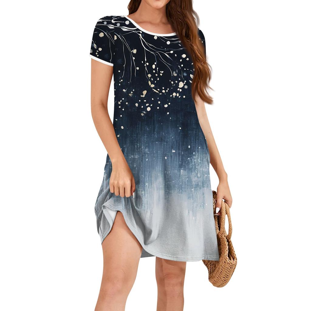 Damenmode Lässiges Kleid mit Blumendruck Rundhalsausschnitt Kurze Ärmel Minirock
