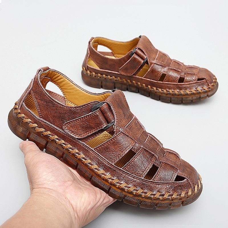 2024 Men's Genuine Leather Closed-Toe Sandals - Large Size Perforated Outdoor Beach Shoes for Middle-Aged Dads