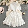 French Style Floral Pleated Square Neck Dress with Spliced Waist and Large Hem