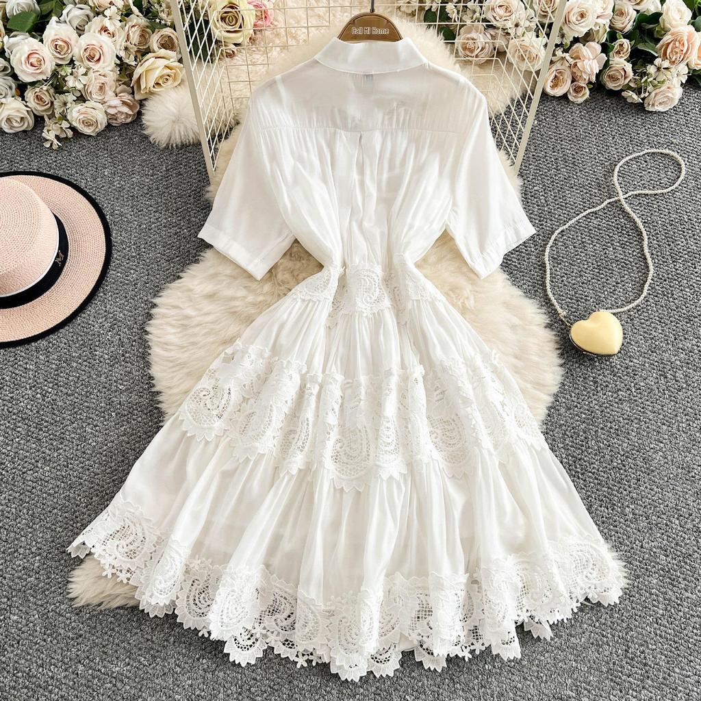French Style Floral Pleated Square Neck Dress with Spliced Waist and Large Hem