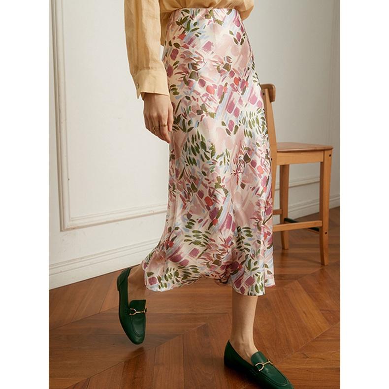 

Qooth Floral Trumpet Skirt Mid length Satin Casual Elastic Waist Printed Maxi Skirt QT1855 XL розовый