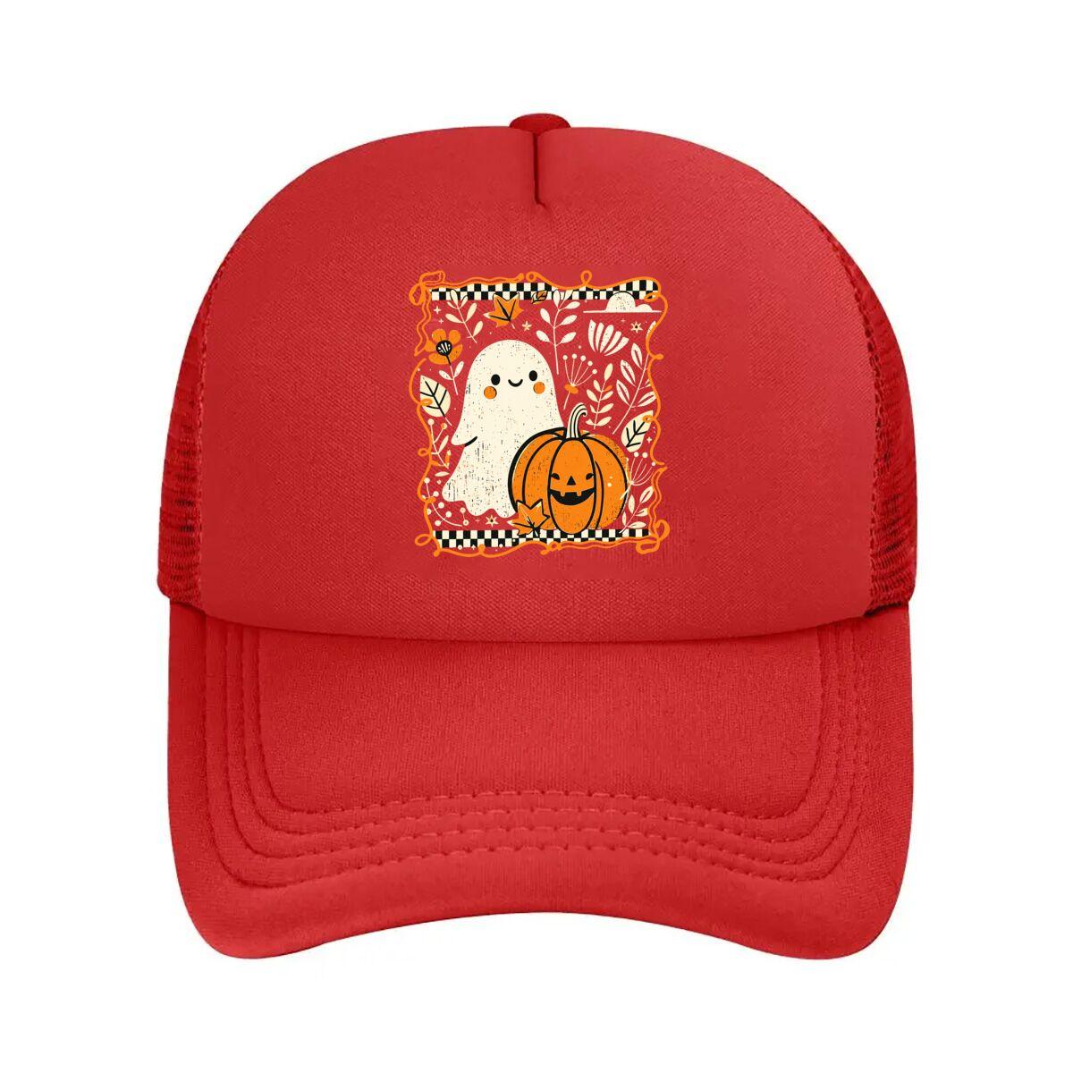 Cute Halloween Ghost Pumpkin Plaid Autumn Leaves Illustration Mesh Baseball Cap Hip Hop Adjustable