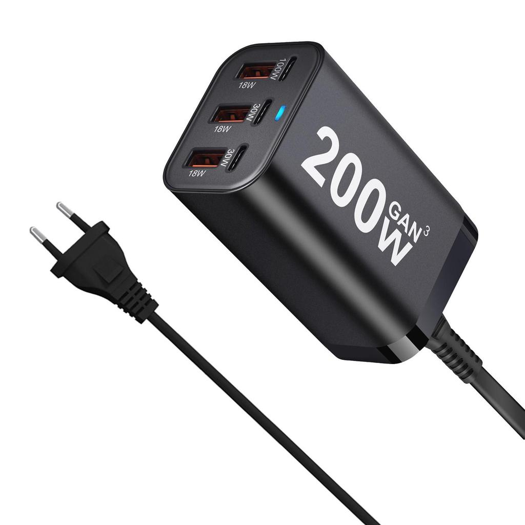 200W GaN PD Charger: 3A3C Multi-port Desktop Power Bank & Adapter