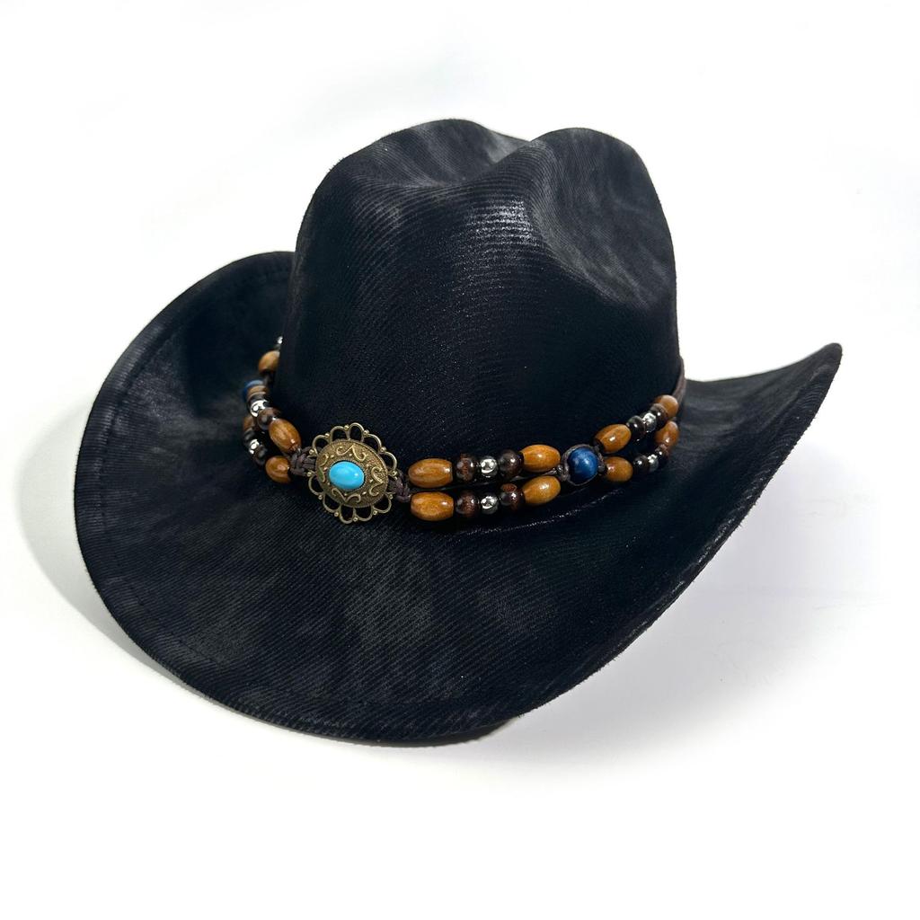 European and American Ethnic Style, Western Denim Hat, Retro Wooden Bead Accessories, Horseback Riding Jazz Hat, Men's and Women's Versatile Suns