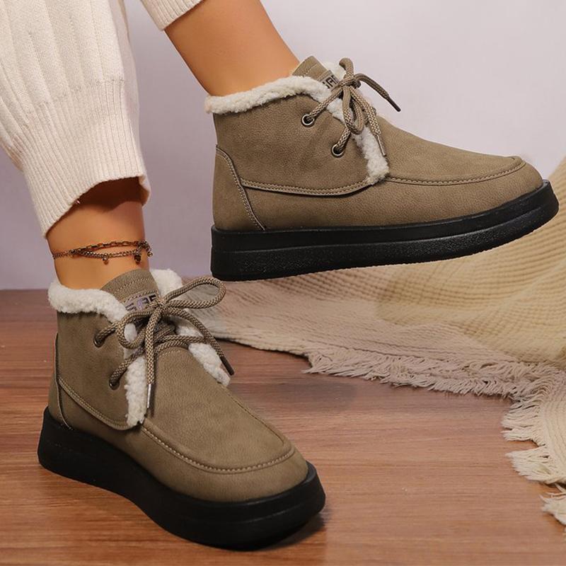 Fashion Retro Fleece Thick Warm Ankle Boots Women Lace Up Platform Snow Boots Woman Winter Pu Leather Short Plush Booties Female
