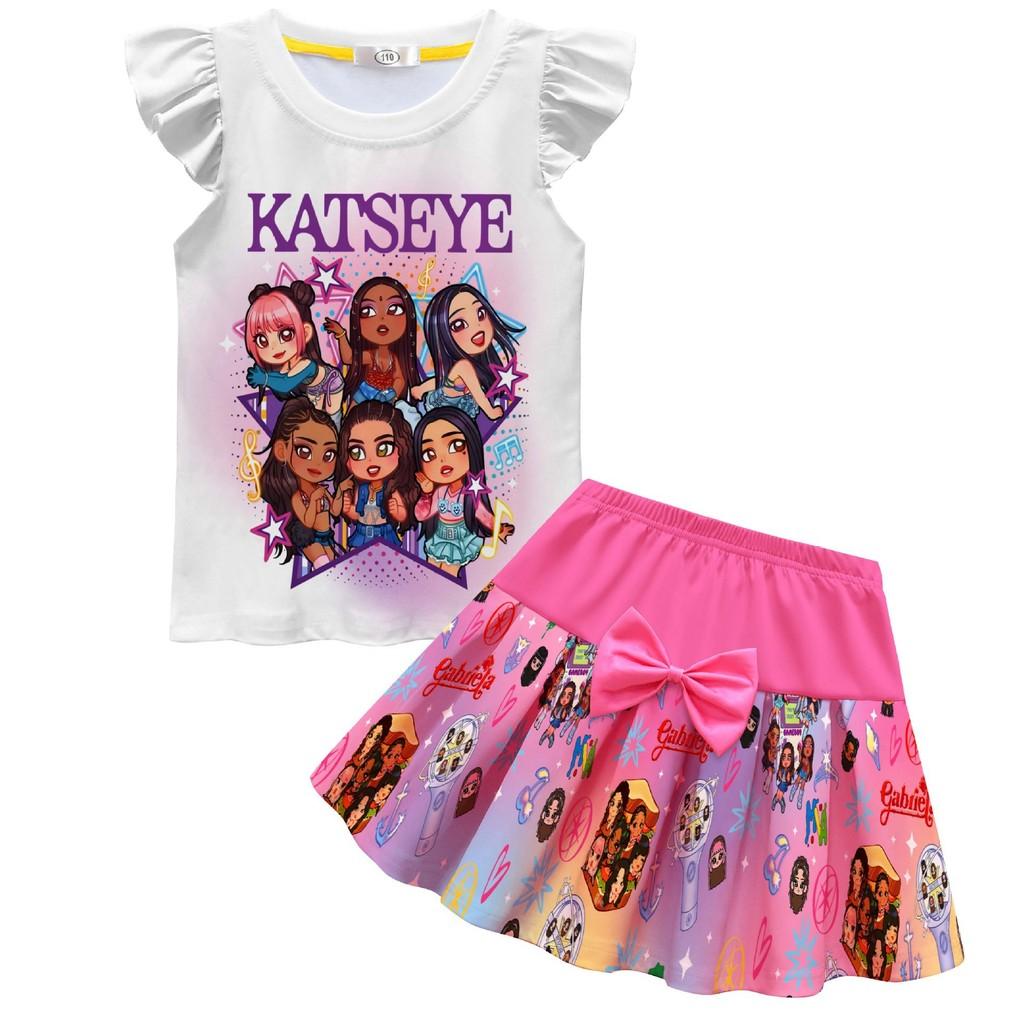 

Kids Girls KATSEYE Printed Ruffle T-Shirt Pleat Skirt Clothes Sets 110cm рожевий червоний колір