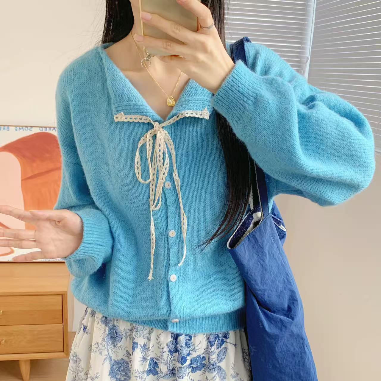 

Lace-tied Lace Lapel Sweater Coat for Women Solid Color Loose Knitted Cardigan Casual Long-sleeved Warm Top for Autumn and Winter S синий