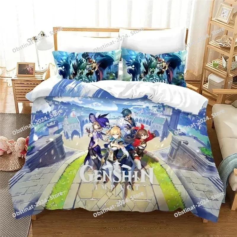 Anime Genshin Impact Paimon Printed Bed Set Duvet Cover Pillowcase Bedding Set Bed Linen Sheet Quilt Cover Full Queen King Size