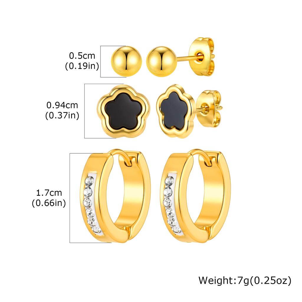 Earrings Set Gold Plated Stainless Steel Black Flower Studs CZ Hoop Earrings for Women Multiple Piercing Jewelry