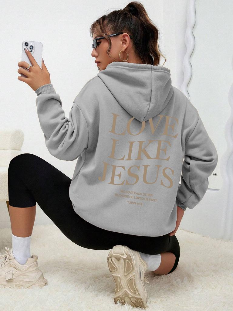 Love Like Jesus Simple Letter Printed Hoodie Women Warm Fleece Hoody Fashion Casual Hooded Autumn Loose Round Neck Woman Clothes