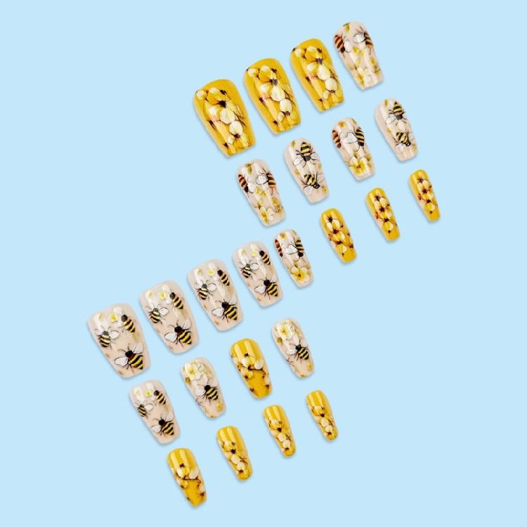 Spring Floarl Press On Nail Coffin False Nail with Flower Designs Stick On Nail Full Cover Artificial Nail for Women