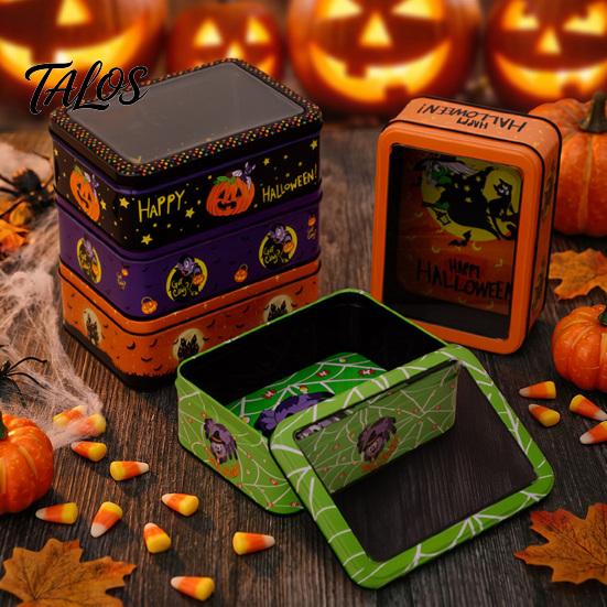Desktop Decorative Storage Halloween Tin Box with Clear Lid, Witch Pumpkin Ghost Candy Snack Holders Container for Cookies Snacks, Festive Organizer