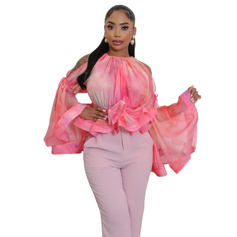 

European and American New Sexy Women clothes off-the-Shoulder Mesh Floral Print Bell Sleeve Top Flared Sleeve Top Pink All yards