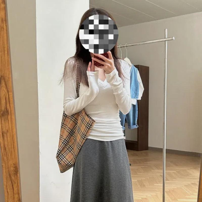 Autumn Winter V-neck Long Sleeve Tee Women Solid Casual Bottomed Top Ladies Simple All-match Slim T-shirt