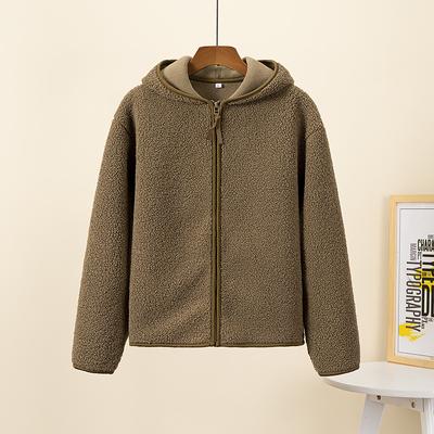 Damen Herbst Winter Kurze Jacke Verdicken Warm Locker Polar Fleece Lammwolle Oberbekleidung Kapuzenreißverschluss Langarmjacke