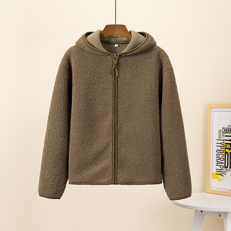 Fashion Short Jacket Women Lambswool Outerwear Thicken Warm Loose Polar Fleece Hooded Zipper Long Sleeve Coat Autumn Winter