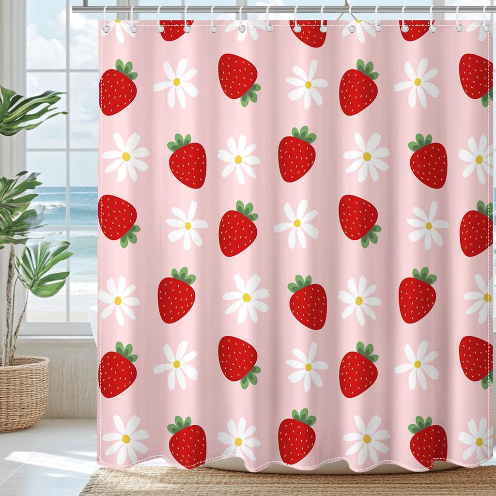 Kawaii Strawberry Shower Curtain For Bathroom Decor, Cute Pink Fruit Shower Curtain Waterproof Fabric Bath Curtain With Hooks
