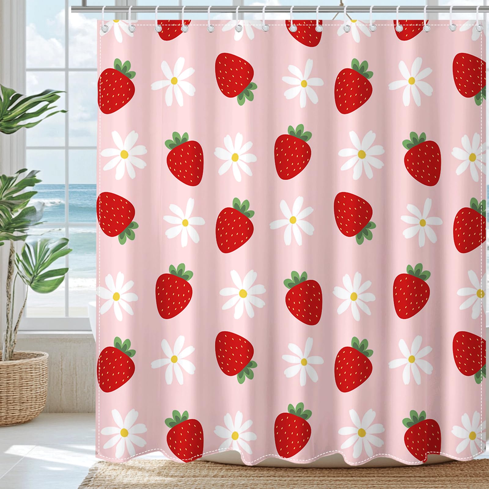 

Kawaii Strawberry Shower Curtain for Bathroom Decor, Cute Pink Fruit Shower Curtain Waterproof Fabric Bath Curtain with Hooks W90xH180cm(35x70 in)