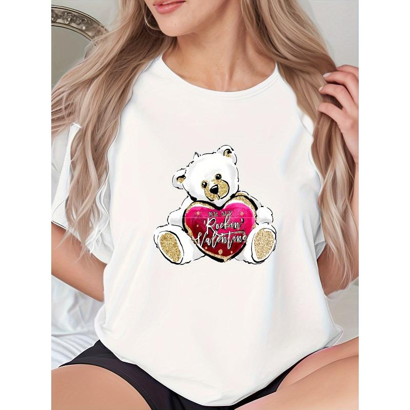 A Fun Short-Sleeve T-Shirt Featuring A White Bear Heart Print, Stylish and Casual for Women, A Trendy and Unique Summer New T-Shirt, S белый