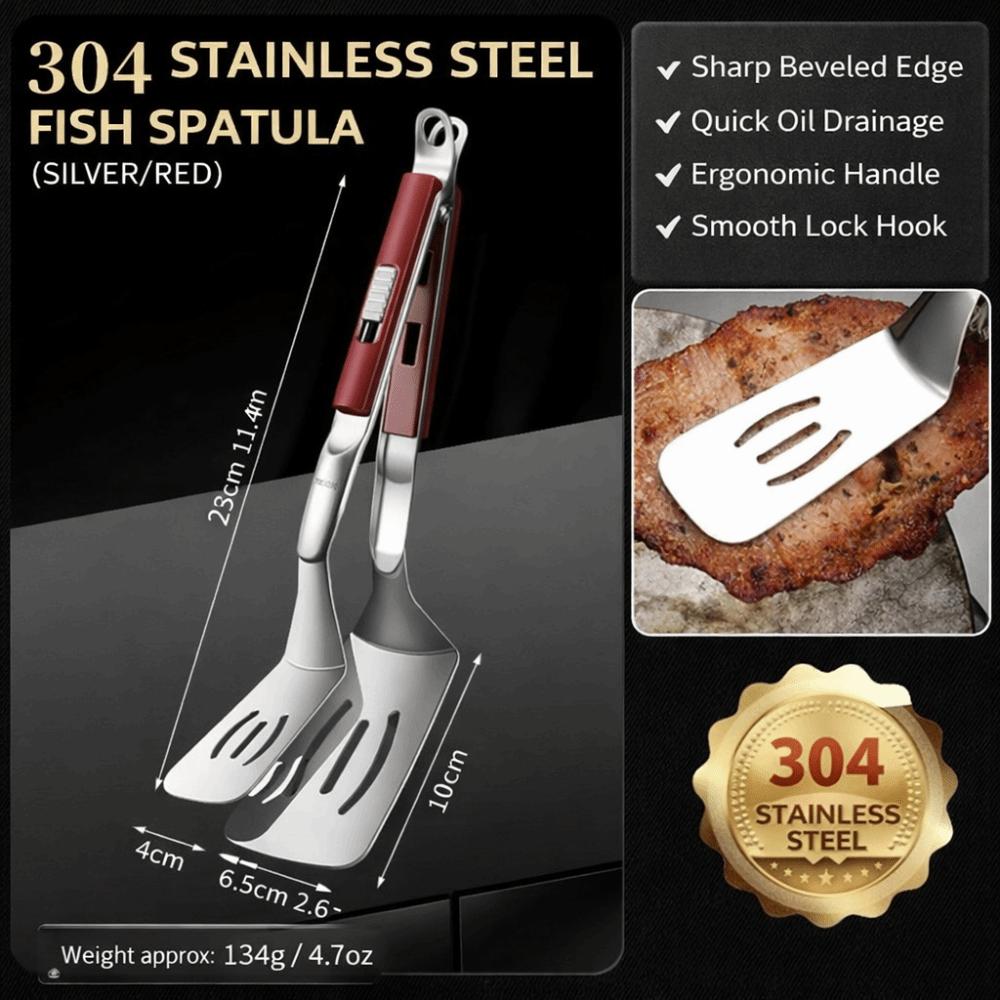 304 Stainless Steel Spatula Tong Multi-Functional Extended Handle Flip Spatula Heat-Resistant 2 in 1 Kitchen Grilling Tongs красный