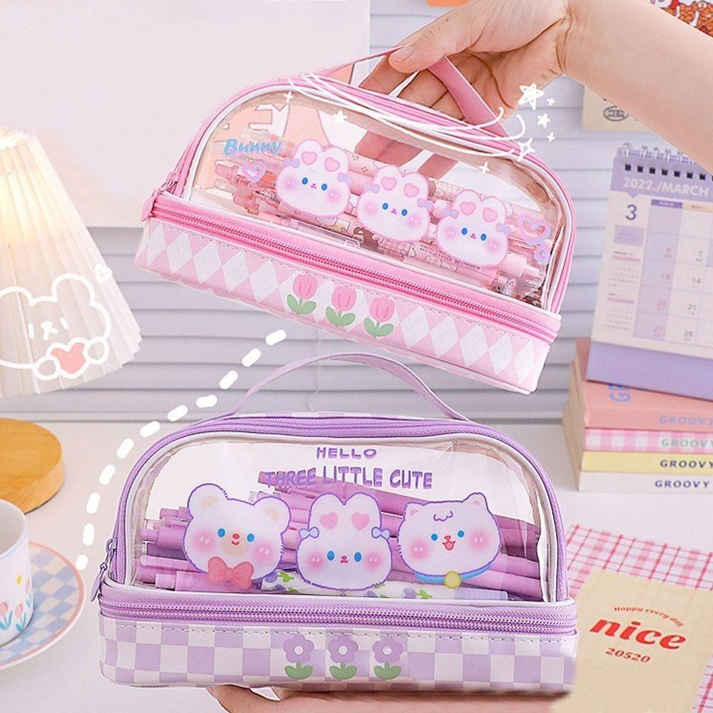 Double Layer Pencil Case PVC Pen Bag New Stationary Organizer