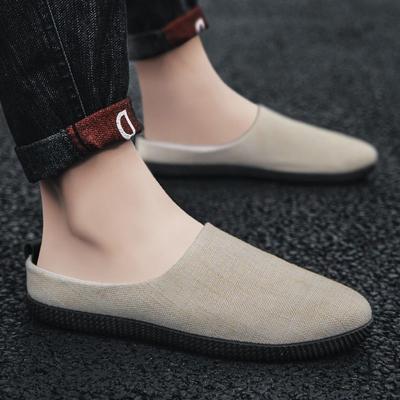 Men's Summer Half-Slip Breathable Closed-Toe Sandals Non-Slip Odor-Resistant Beach Linen Lazy Slip-On