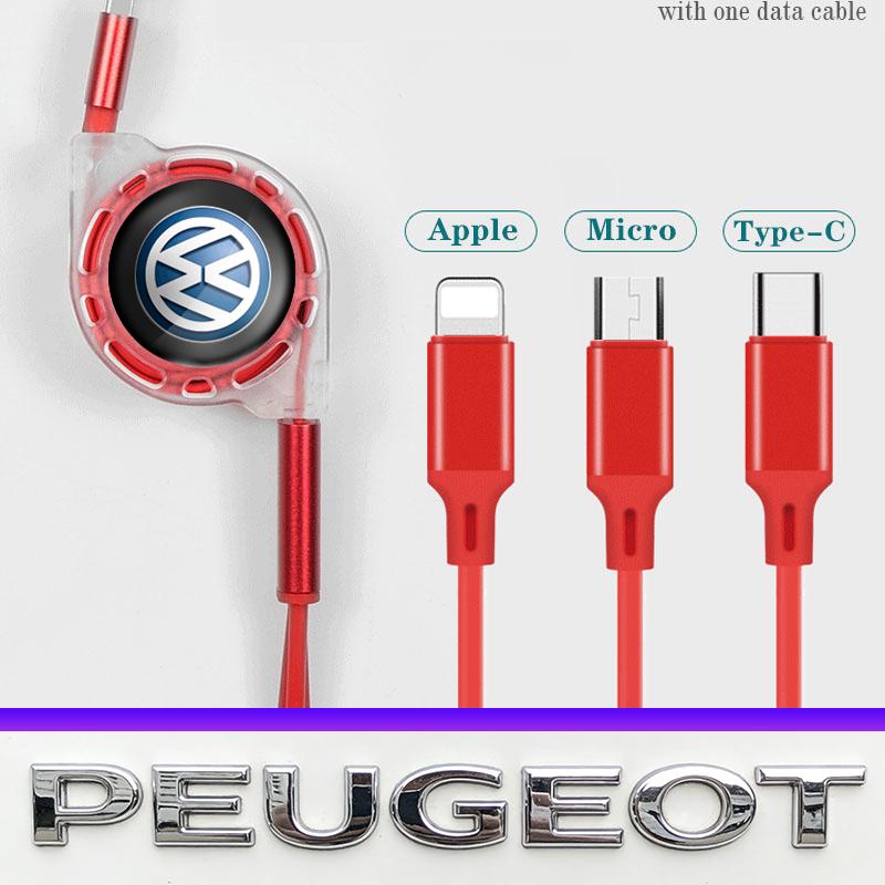 USB Type-C Fast Charging Cable 3in1 Telescopic Charger Valve Cap For VW Golf Amarok T5 Phaeton Teramont ID3 Tiguan T-Cross