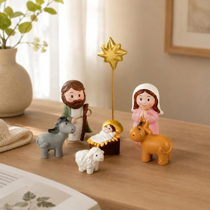 Holy Family Nativity Scene Figurine Set for Christmas Decors, Resin Cartoon Manger Scene Animals for Small Tabletop Space, Shelves, Mantels, Cabinets,