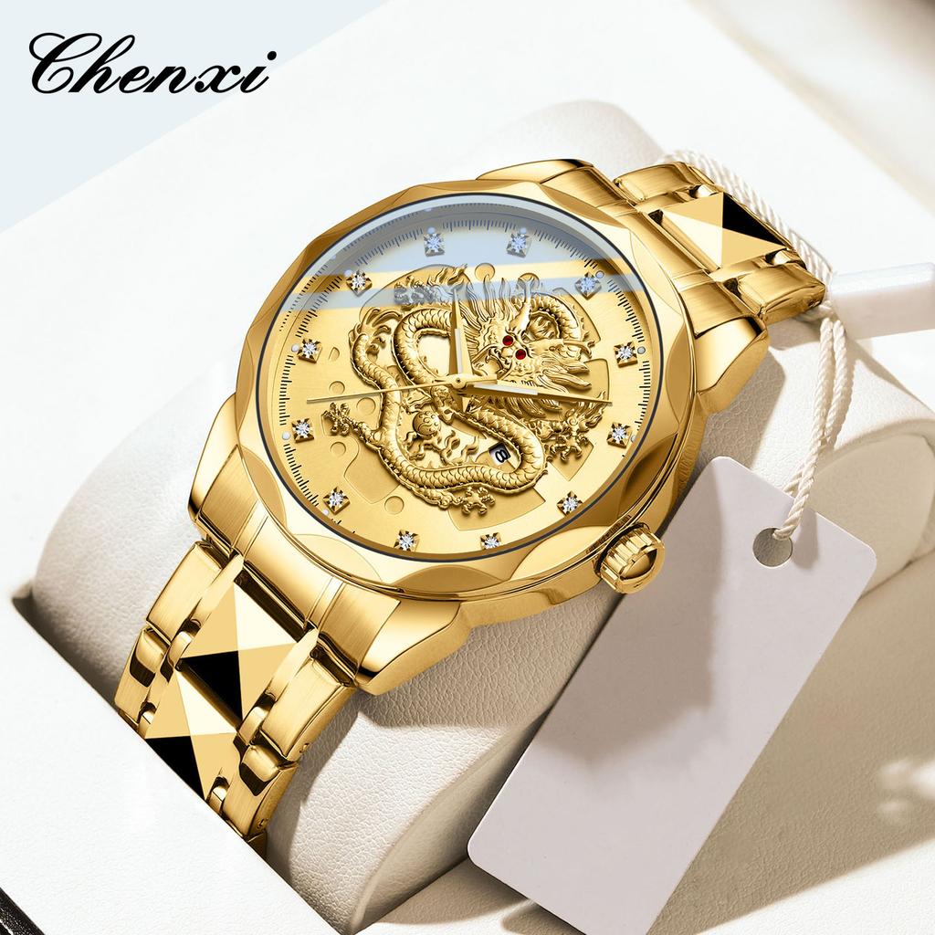Chenxi Relógios Masculinos Relógio Dragão Ouro Aço Inoxidável Diamante Calendário Marca de Luxo Relógio de Quartzo para Homem NOVO