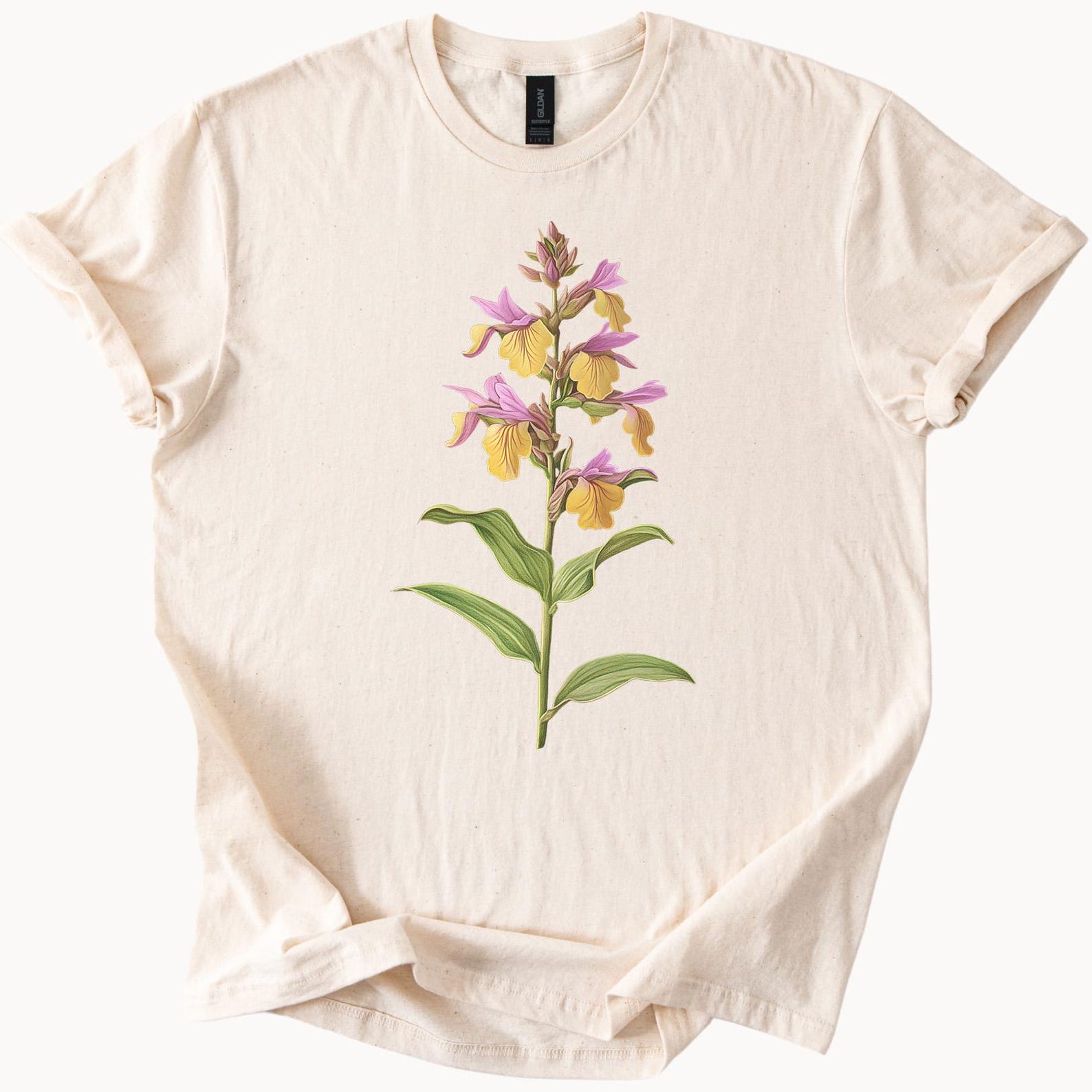 wildflower orchid graphic botanical floral art cream tshirt 100