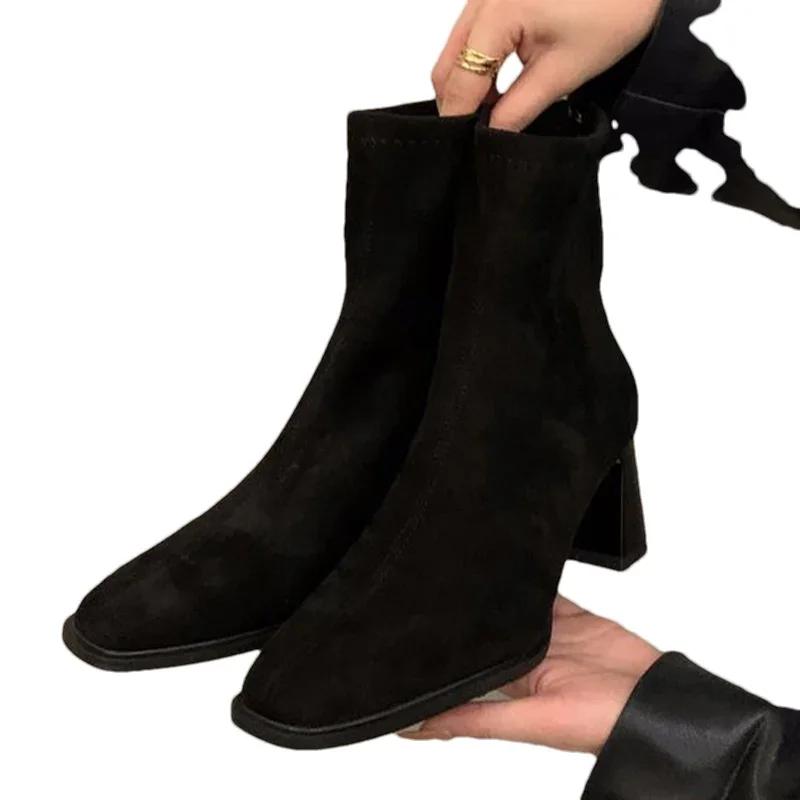 Tocuri înalte Cizme de zăpadă pentru femei Pantofi din piele intoarsa cu varf patrat Cizme Chelsea de designer de iarna Trend Goth Gladiator Botas De Mujer