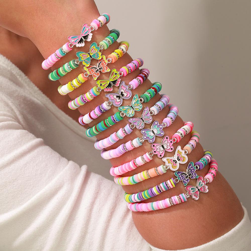 Rainbow Bead Bracelet Set: Colorful Kitten & Puppy Charms with Butterfly Accent - Perfect Gift for Best Friends, Women & Girls.