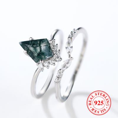 Echter 925 Sterling Silber Grüner Moosstein Achat Ring Geometrisch 2 Stück Vintage Ringe Set für Frauen Hochzeitsschmuck