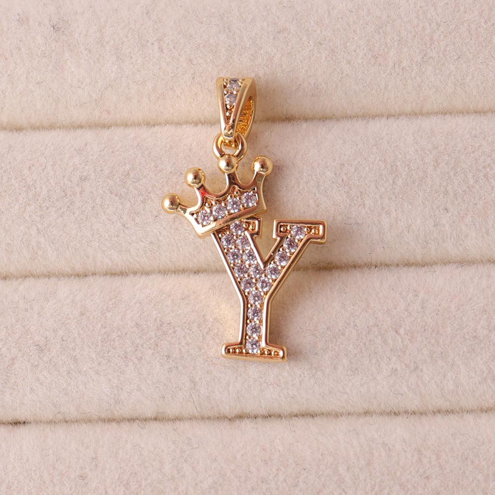 Gold-Plated Crown Rhinestone Letter Pendant Necklace